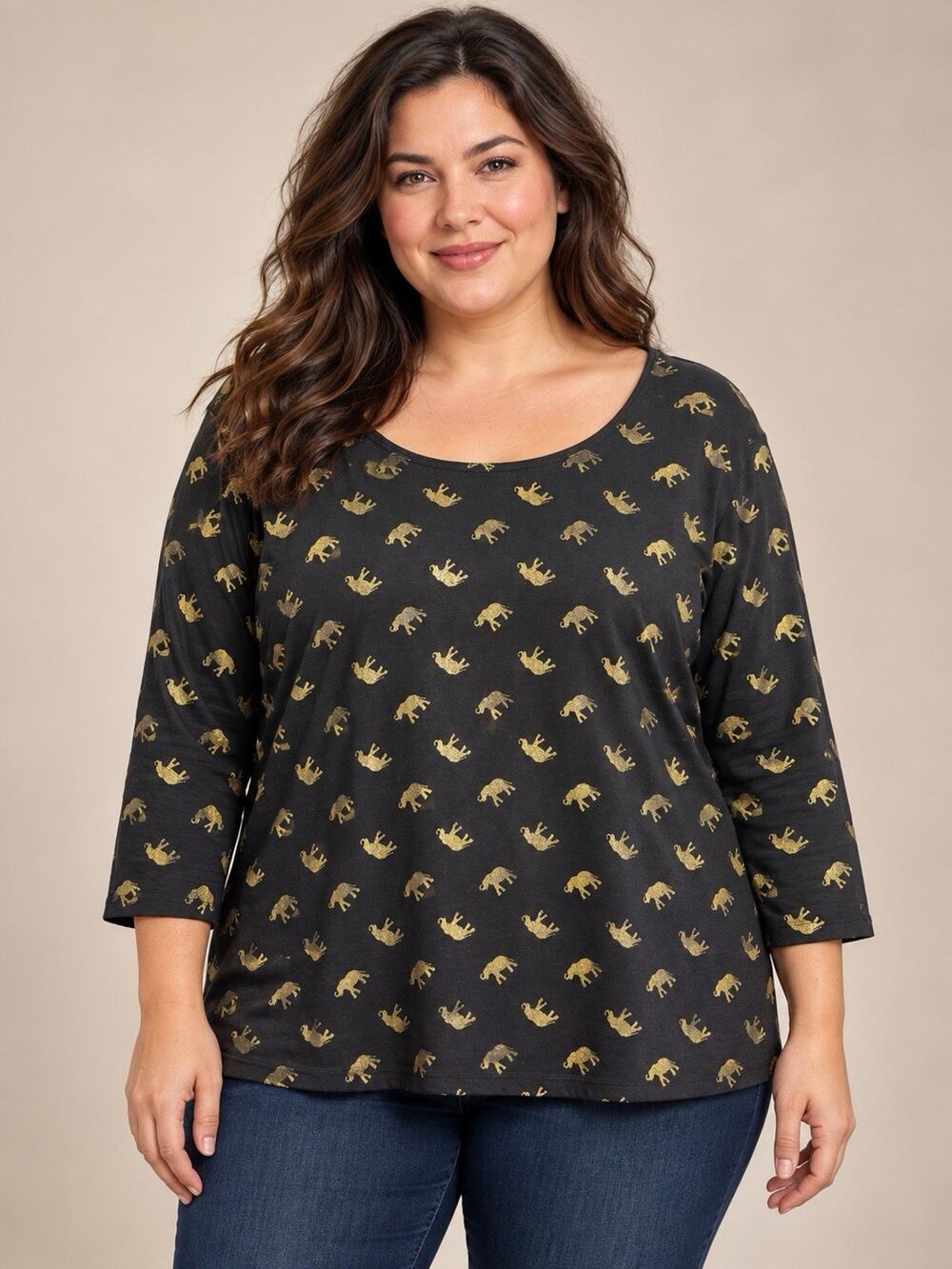 Karen Scott Womens XL Black Gold Elephant Print Top 3/4 Sleeve Scoop Neck